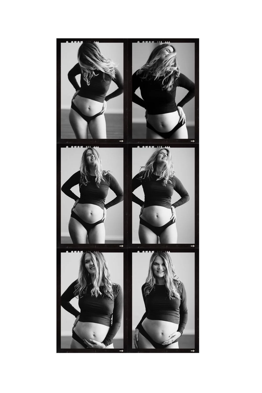 Series of black-and-white photos of a pregnant woman in different poses, smiling and looking happy.