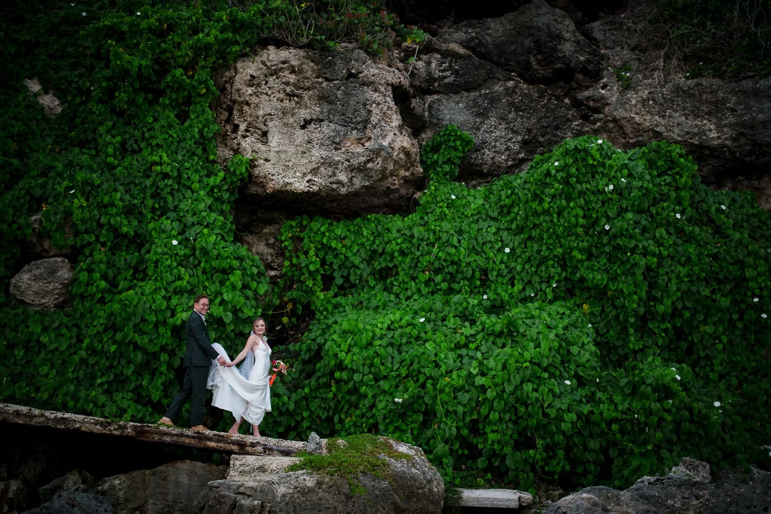 A bride and groom holding hands and walking on a small wooden bridge in front of a green bushy landscape with rocks.
