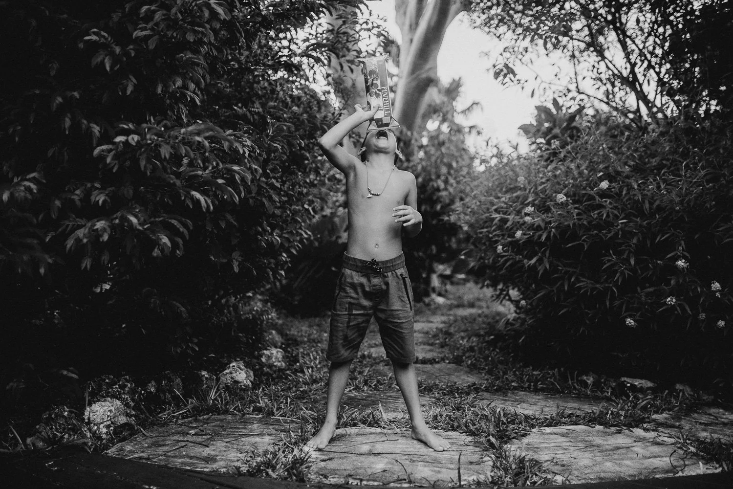 A shirtless boy in shorts standing on a stone path outdoors, drinking from a box of juice.