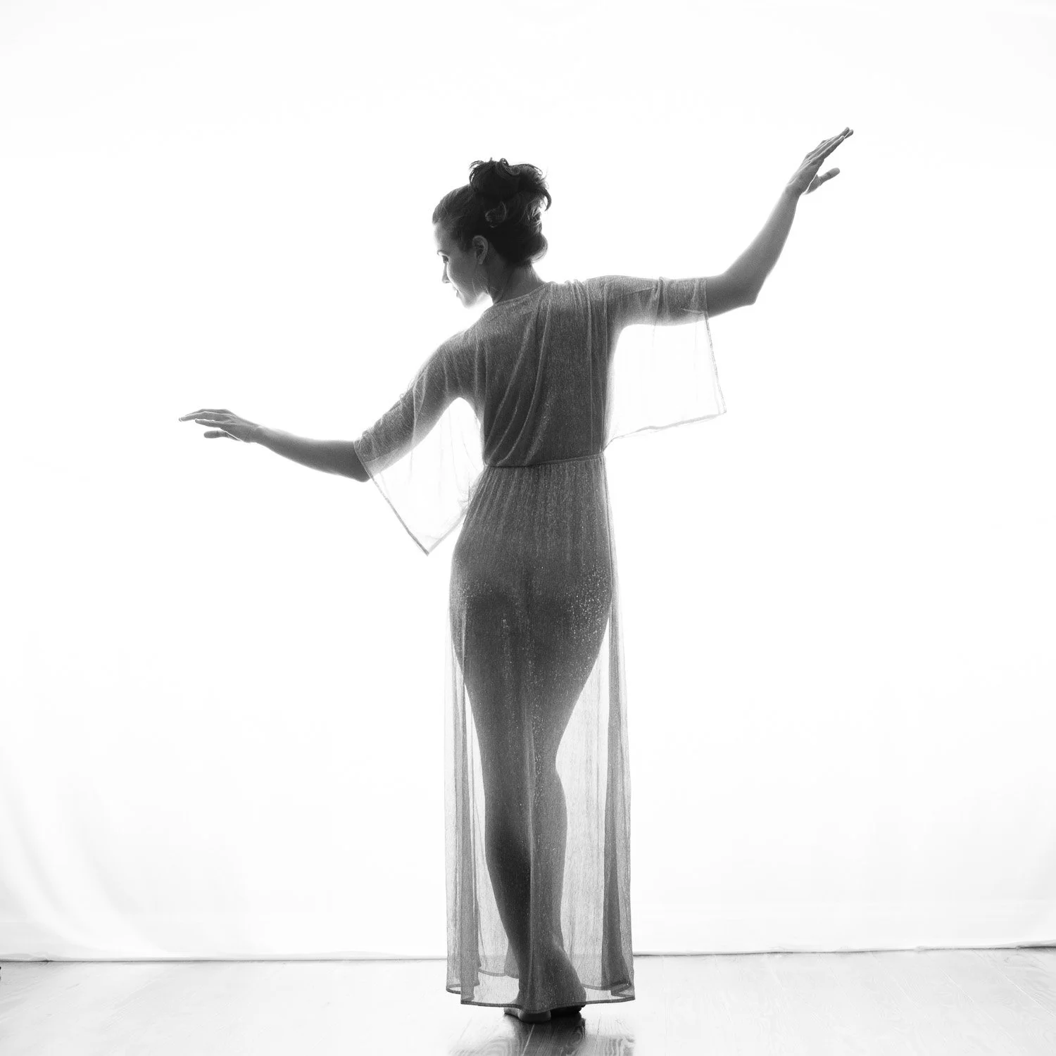 A woman in a sheer dress striking a dance pose against a white background.