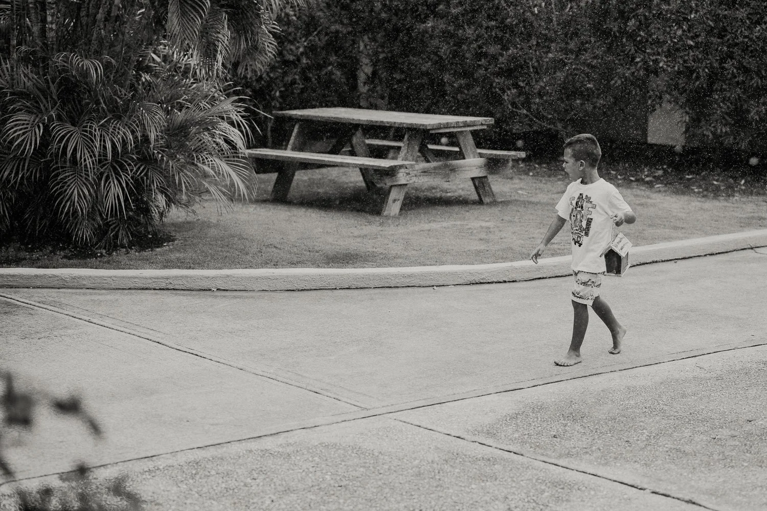 A young boy walking barefoot on a wet sidewalk with a small house-shaped object in his hand. In the background, there is a picnic table and lush bushes.