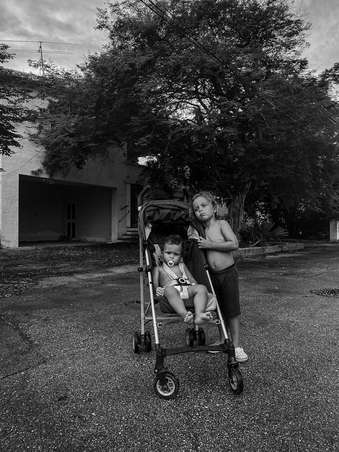 Two children outdoors, one sitting in a stroller with a pacifier and the other standing beside it, shirtless, with crossed arms, under a large tree.