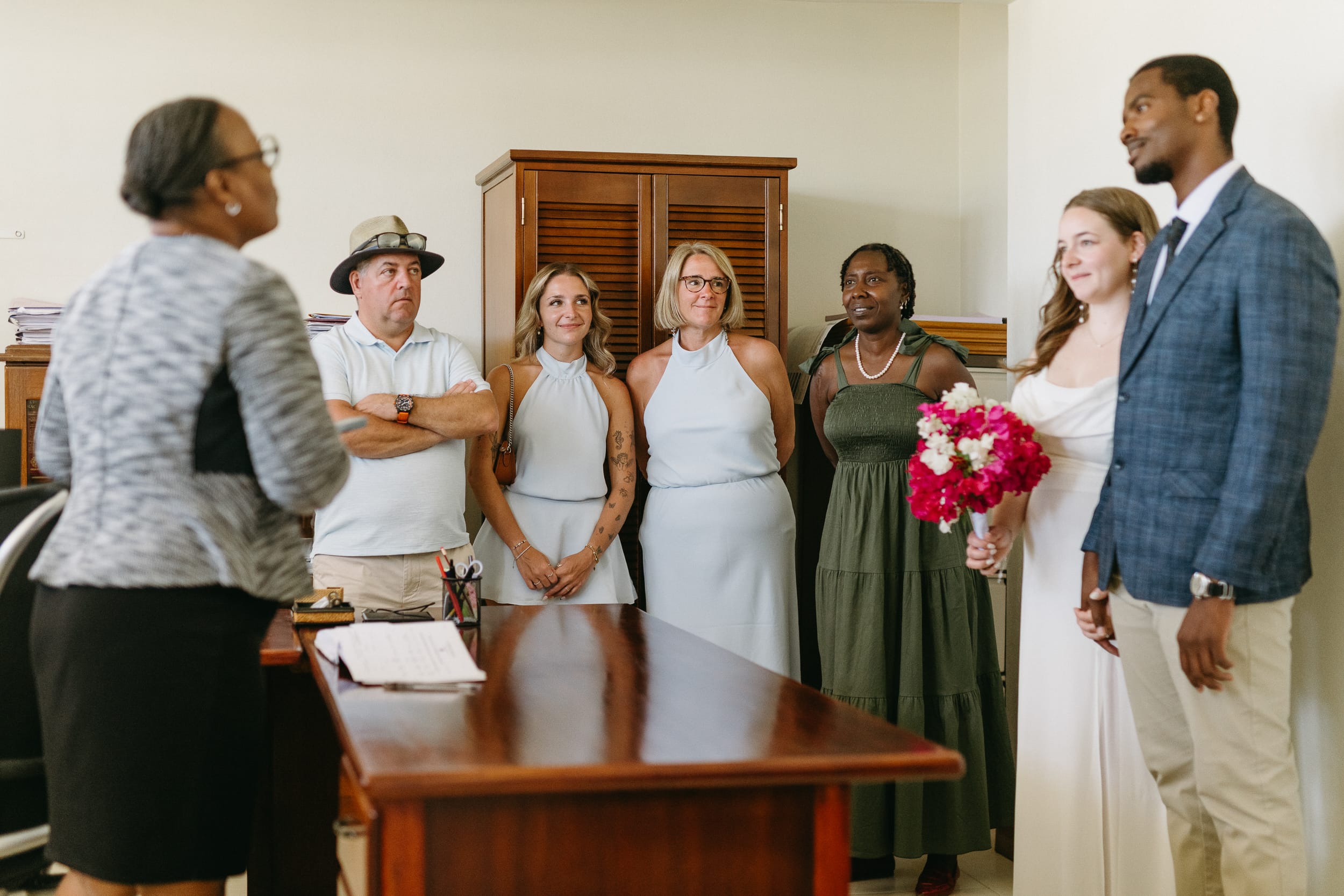 couple and guests at the barbados courthouse wedding in oistins